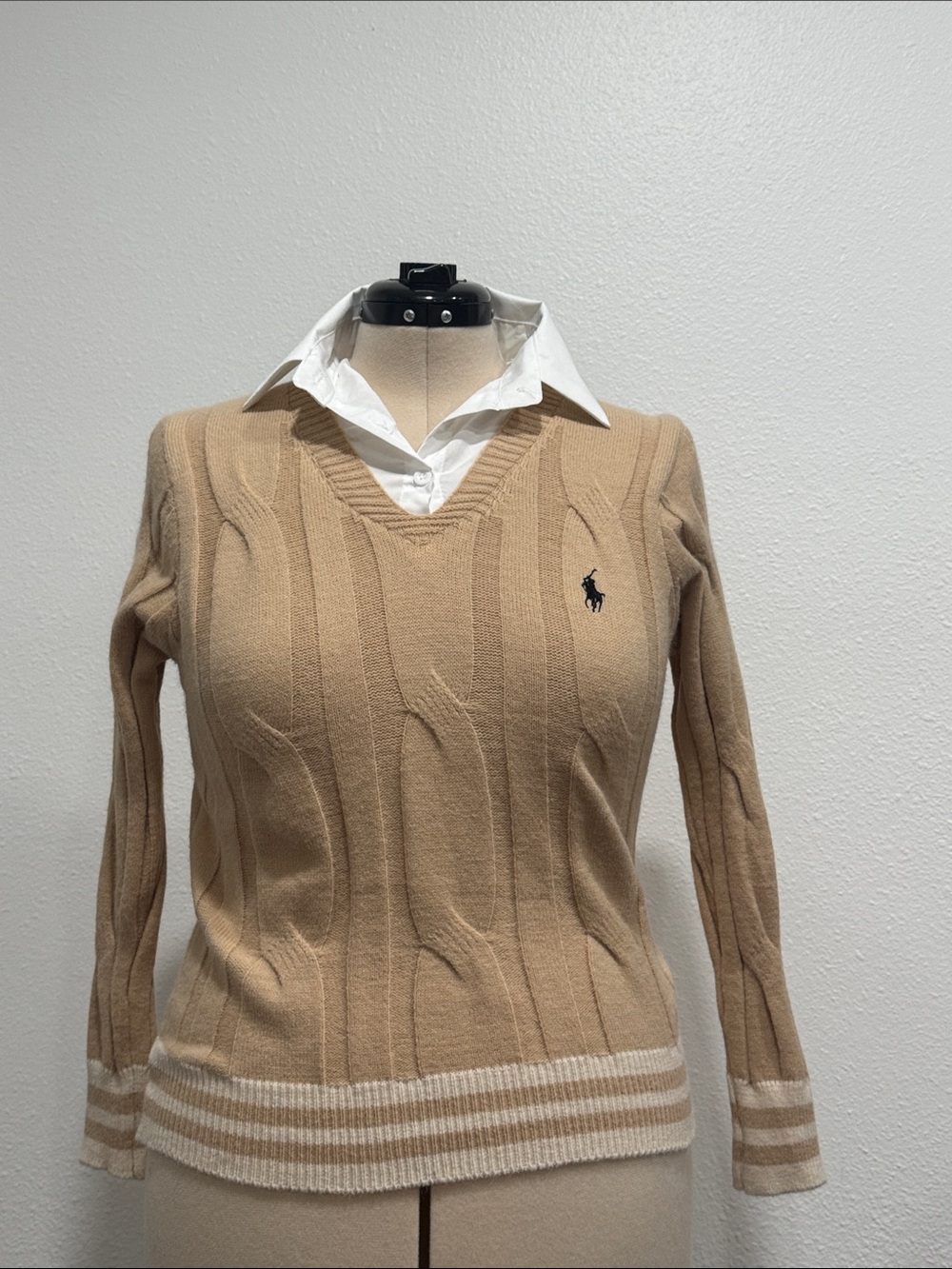Camel Cable-Knit V-Neck Sweater - Women's Long Sleeve